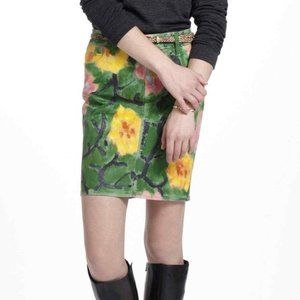 Anthropologie Hand Painted Skirt Bougainvillea Vines Art Size 27 floral denim